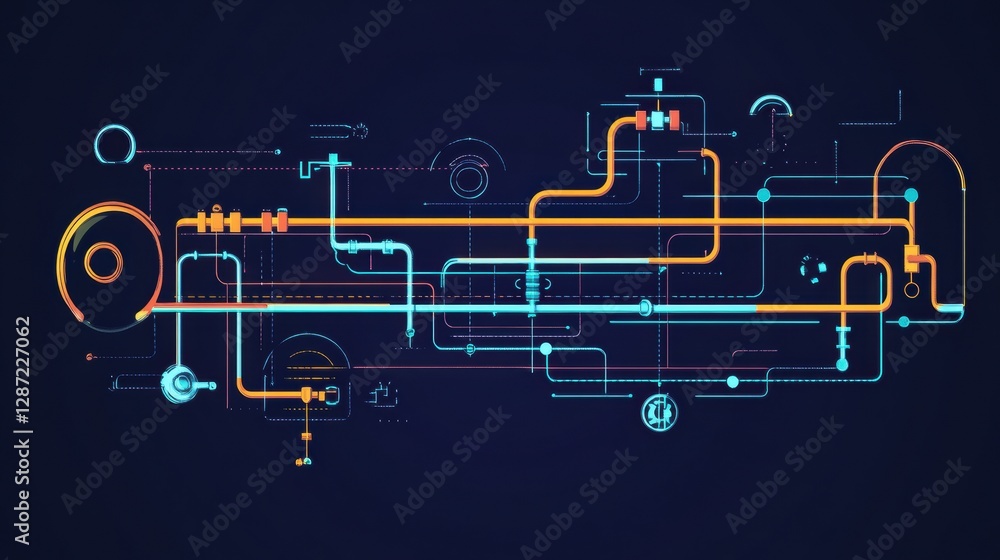 Poster Minimalist infographic illustrating gas pipeline network and fluid dynamics in an abstract design. Generative AI