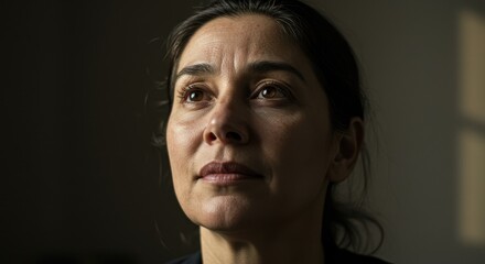 Fototapeta premium Thoughtful woman reflecting in soft lighting, capturing emotion and serenity