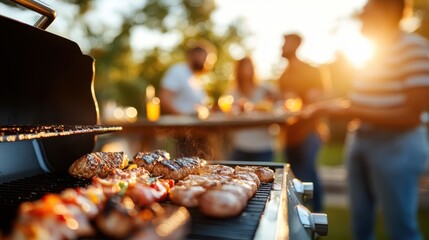 Evening barbecue gathering with friends against a stunning sunset backdrop