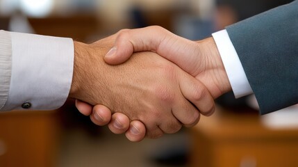 Professional handshake signifies agreement in a busy office environment