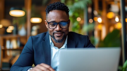 Man engages in productive virtual meeting from stylish home office