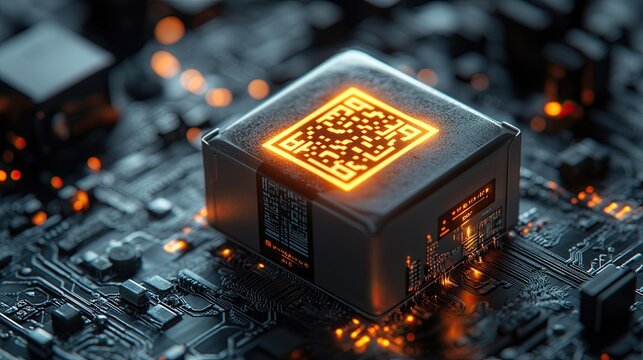 A futuristic glowing qr code integrated on a circuit board