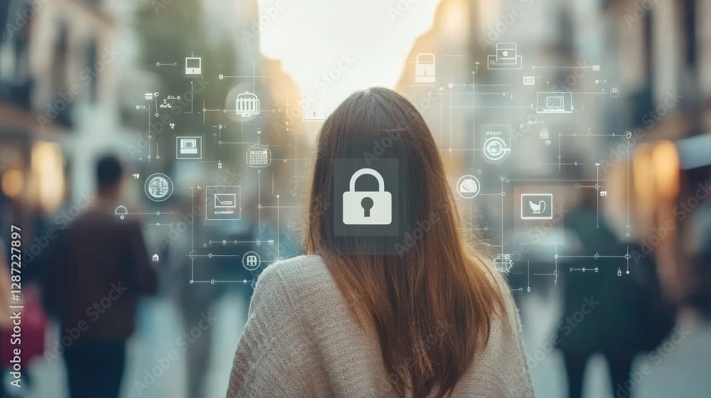 Poster businesswoman standing in busy city street using mobile cyber security system protecting personal da