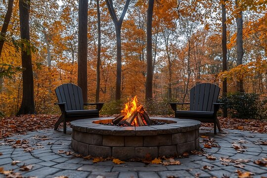 Autumn fire pit, fall foliage, outdoor seating