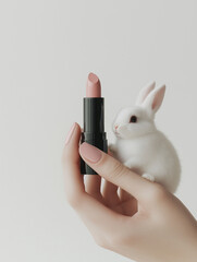 female hands holding a vegan lipstick with a small white bunny
