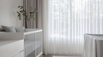 Modern nursery with white crib and sheer curtains. Perfect for blogs, websites, or showcasing baby products.