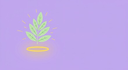 Minimalistic green plant illustration on soft purple background with light accents