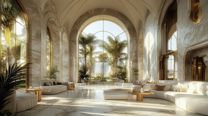 Fototapeta premium Sunlit Luxury Lounge: Marble, Gold Accents, Tropical View