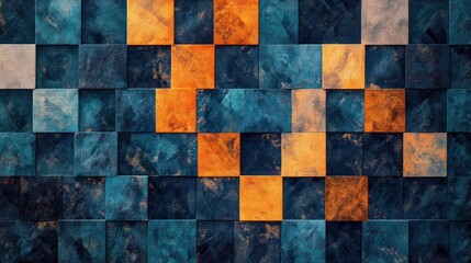 Abstract background of textured squares in blue, orange, and beige tones.