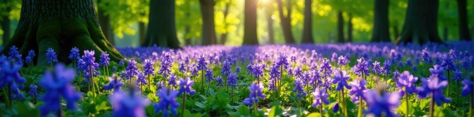 Obraz premium Dense bluebell carpet in early morning sunlight, forest floor, bluebells
