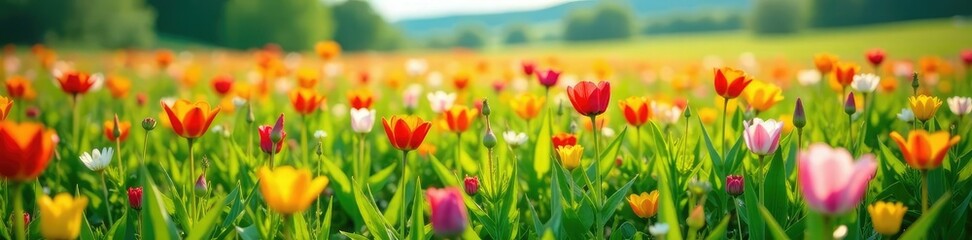 Fototapeta premium A carpet of colorful blooms stretches across the grassy landscape, field, meadow, growth