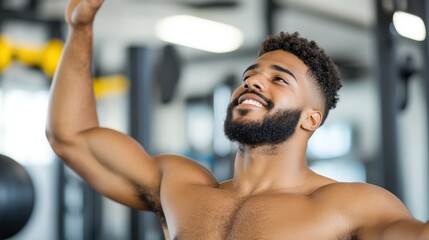 Muscular athlete performing sit-ups in a vibrant gym environment