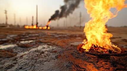 Devastating aftermath of burning oil wells in Persian Gulf War landscape