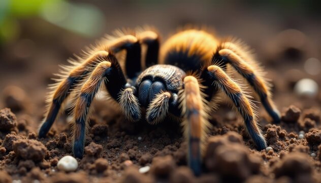 Burrowed soil with tarantula spider Pterinopelma sazimai, leggy, spiders, hairy