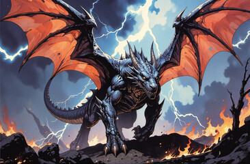 heroic fantasy portrait of a powerful winged dragon unleashing dramatic lightning and fierce fire on a mystical battlefield epic mythical creature intense action art fantasy setting spectacular colors