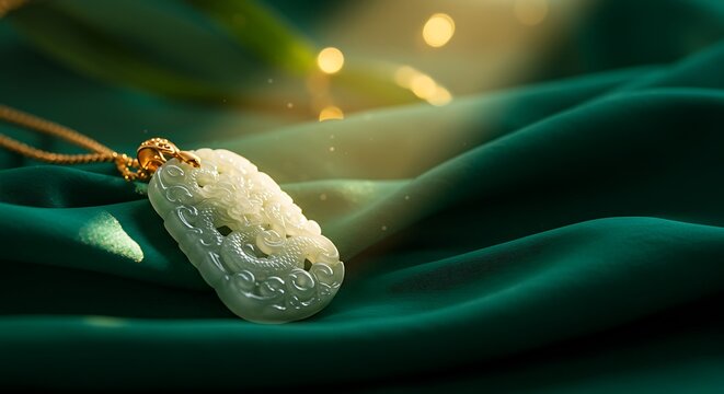 Jade dragon pendant on silk - Symbol of power, luck, and protection - Jewelry Advertisement