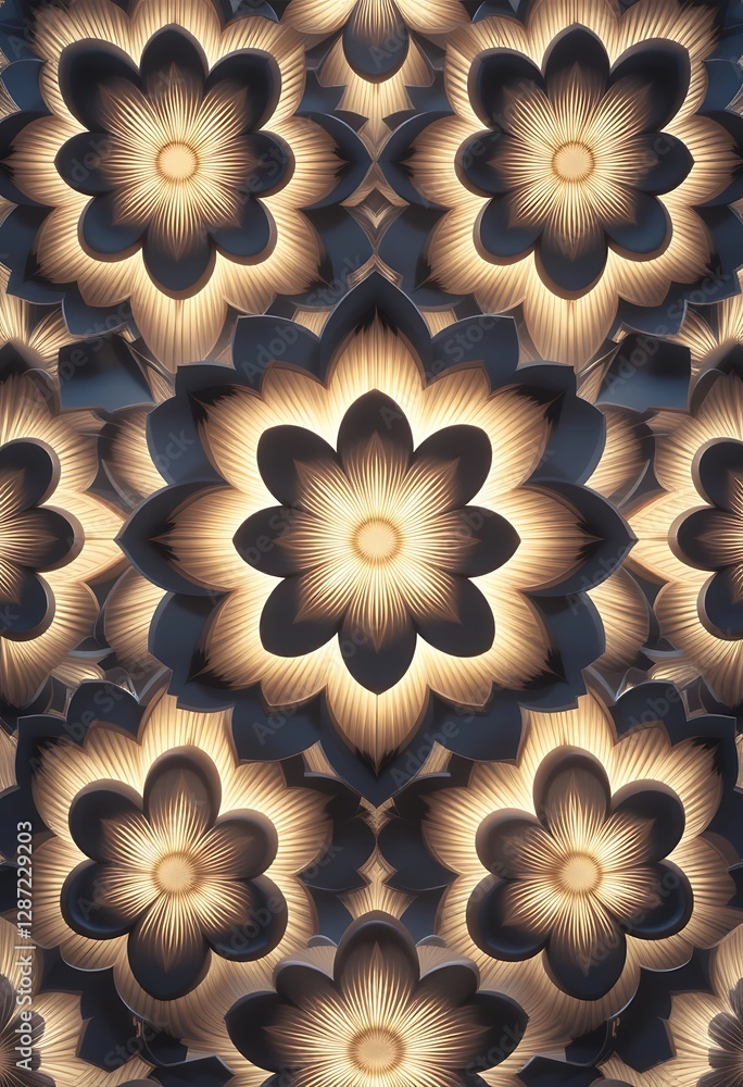 Poster numerous illuminated flower shapes display a repeating floral pattern