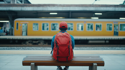 young male backpacker sits wooden bench, waiting for train station. His red backpack contrasts with yellow train background, creating vibrant