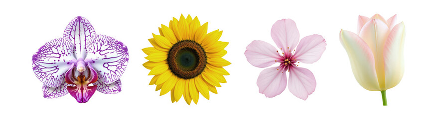 Fototapeta premium Diverse Collection of Vibrant Flowers Including Orchid, Sunflower, Cherry Blossom, and Tulip, Showcasing Natural Beauty, Isolated on Transparent and White Background