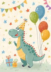 happy cartoon dinosaur in the party hat birthday greeting card with balloons 