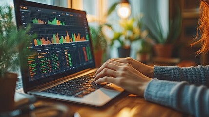 Person working with a laptop displaying financial stock charts