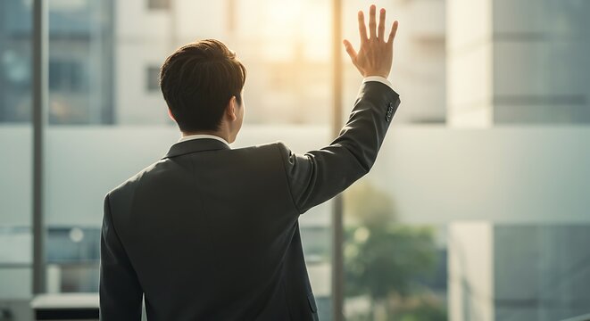 Man waving goodbye - farewell or new beginnings - corporate communication.