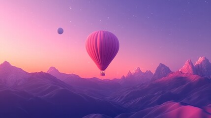 Fototapeta premium Pink hot air balloon sunset flight over mountains