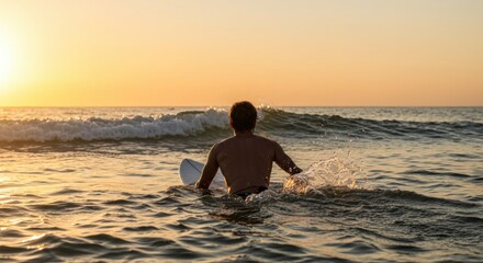 Fototapeta premium Young surfer navigating waves at sunset in serene ocean setting