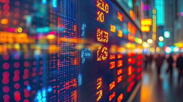 Illuminated Digital Screen Displaying Information At Night Near People