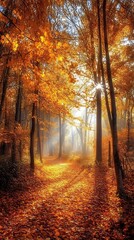 Fototapeta premium Autumn forest path, sunlit, peaceful