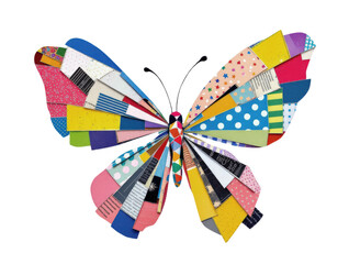 Colorful Patchwork Butterfly with Intricate Patterns and Textures, Symbolizing Creativity and Transformation, Isolated on Transparent and White Background