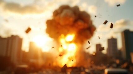 Obraz premium Explosive devastation unfolds above a bustling city skyline at dusk