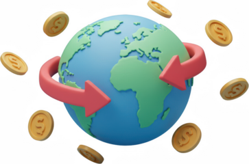 Global Finance Worldwide Money Transfer 3D Earth with Arrows and Coins International Currency