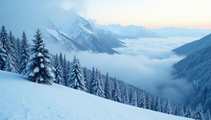 Obraz premium Dense fog wraps around snow-covered mountain slopes, frozen trees, winter landscape snow mountains fog trees, misty landscape