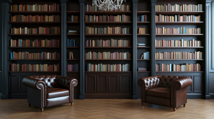 Luxurious library with antique bookshelves and leather armchairs, creating cozy atmosphere for reading and relaxation