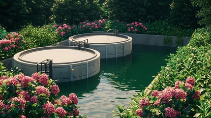 Water Treatment Plant with Flowers, Sustainable Technology, and Environmental Design
