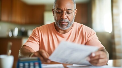 Calculating household expenses in a cozy kitchen setting