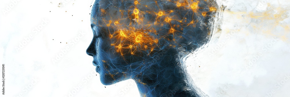 Fototapete Human head profile with complex neural connections and glowing synapses symbolizing artificial intelligence and cybernetic advancement. Generative AI