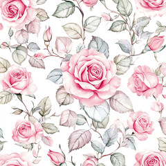 A beautiful pink and green flower pattern with roses and leaves