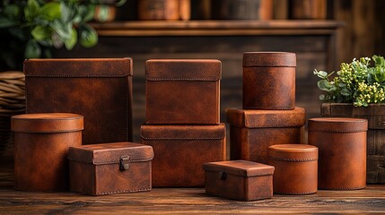 Several handcrafted brown leather storage boxes sitting on wooden surface