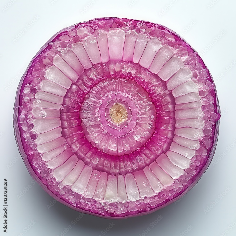 Poster interior view of a sliced red onion showcasing vivid layers and unique circular pattern, displaying 