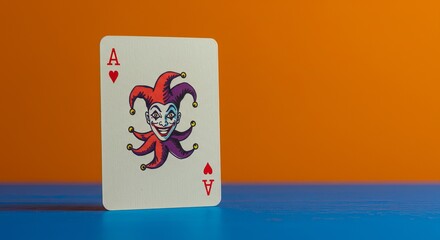 Ace of hearts card with joker on vibrant orange and blue background