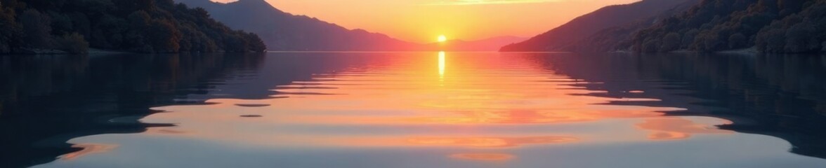 Fototapeta premium Gentle ripples disturb mirror-like lake surface at sunset, lake, reflections