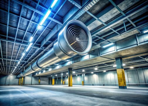 Wide-reaching industrial ventilation: concrete ceiling diffusers and round anemostats ensure optimal airflow.