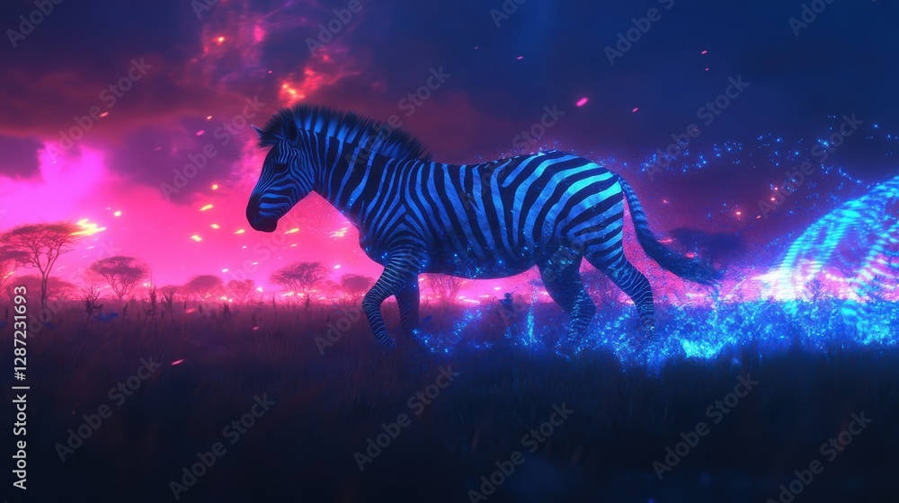 Poster a glowing zebra is running through a colorful environment
