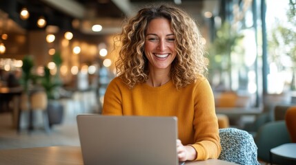Businesswoman chats lively in bright office during remote meeting