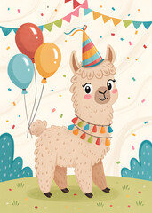Obraz premium happy cartoon alpaca in the party hat birthday greeting card with balloons 
