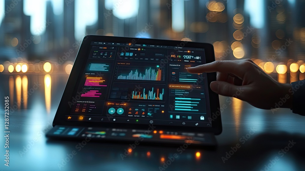 Poster a person interacting with a tablet displaying business data
