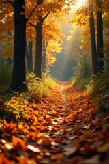 Obraz premium A carpet of golden amber-colored leaves underfoot amidst the changing seasons, woodland, autumn