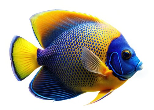 Young Majestic Blue Girdled Angelfish (Pomacanthus navarchus), vibrant yellow and blue, grace the Asian Pacific.